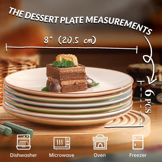 8-Inch Colorful Ceramic Dessert Plates – Set of 6, Assorted Candy Hues