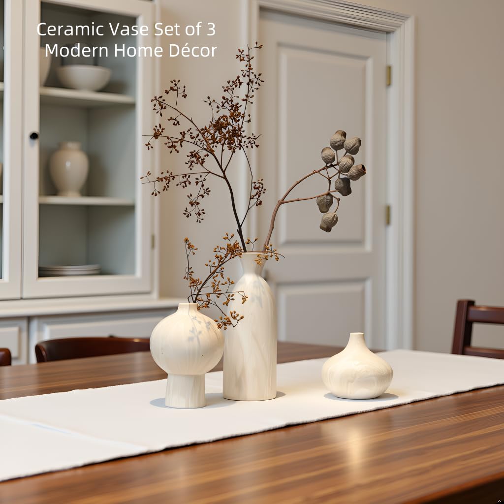 SincereLuxe Stone-Look Textured Ceramic Vases – Set of 3, Beige
