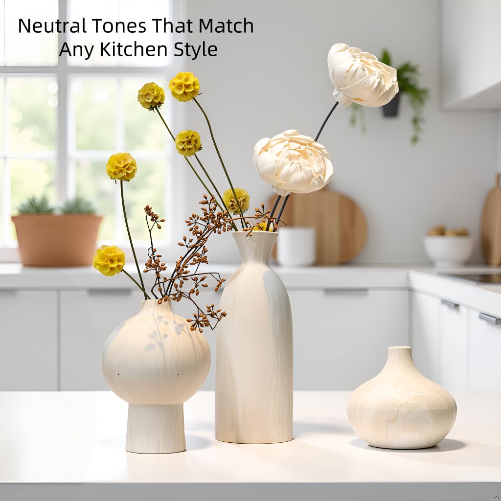 SincereLuxe Stone-Look Textured Ceramic Vases – Set of 3, Beige