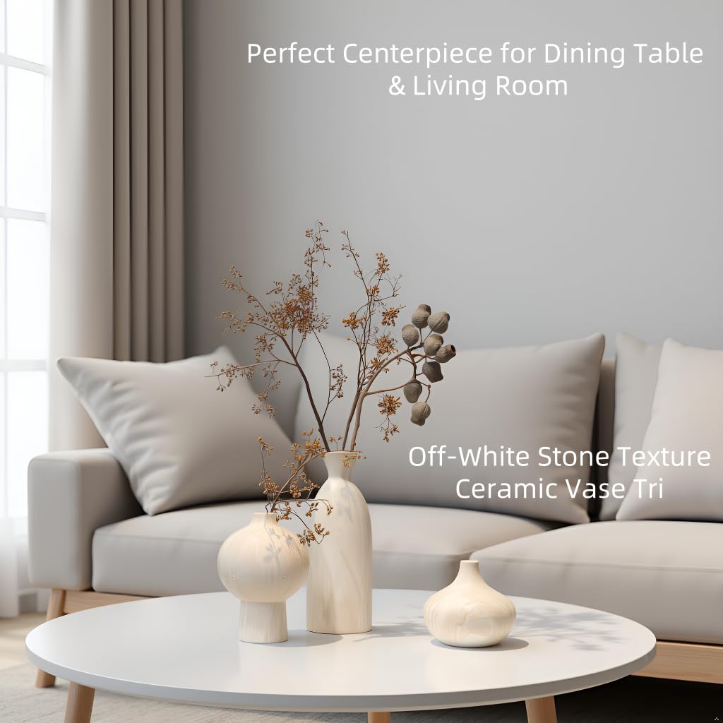 SincereLuxe Stone-Look Textured Ceramic Vases – Set of 3, Beige