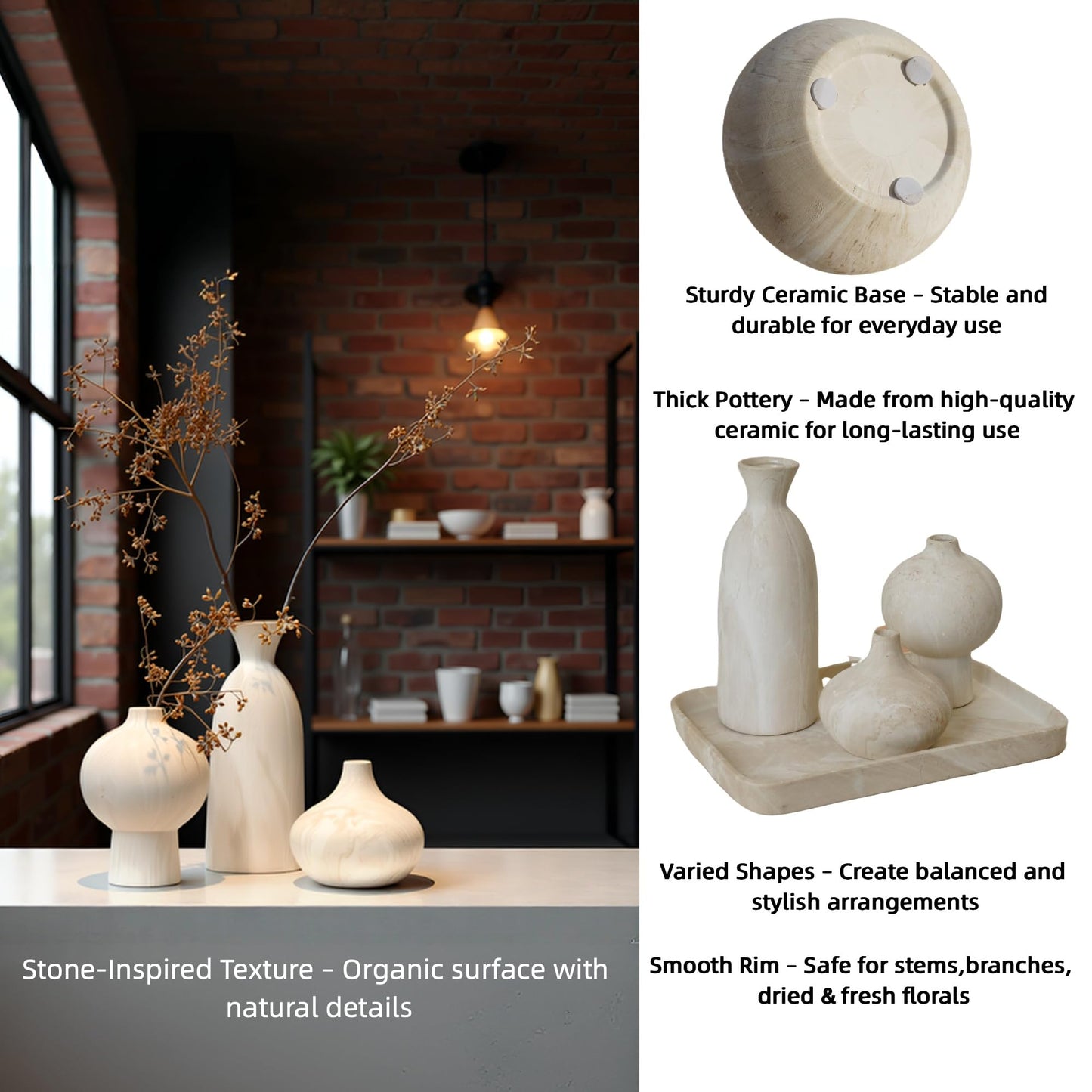 SincereLuxe Stone-Look Textured Ceramic Vases – Set of 3, Beige