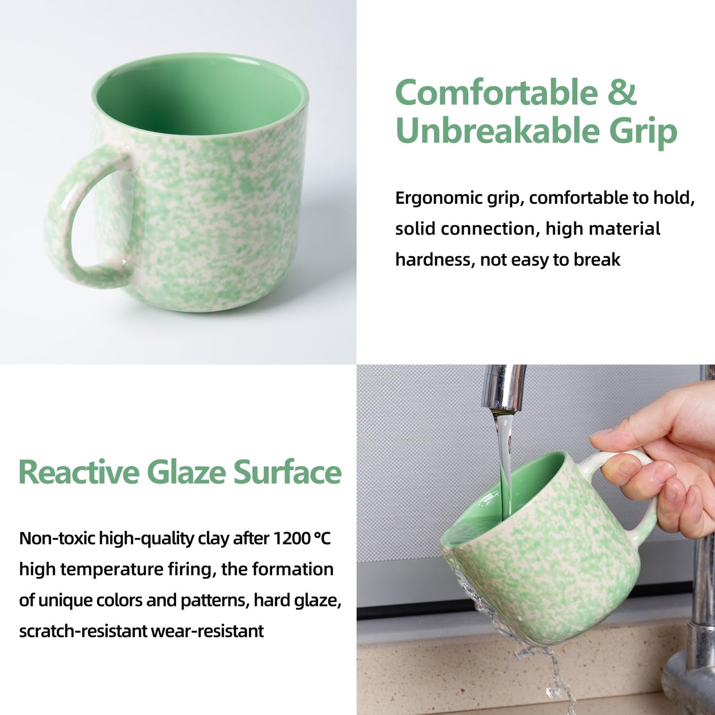 MONITO 12oz Ceramic Coffee Mugs with Handle – Set of 4, Green