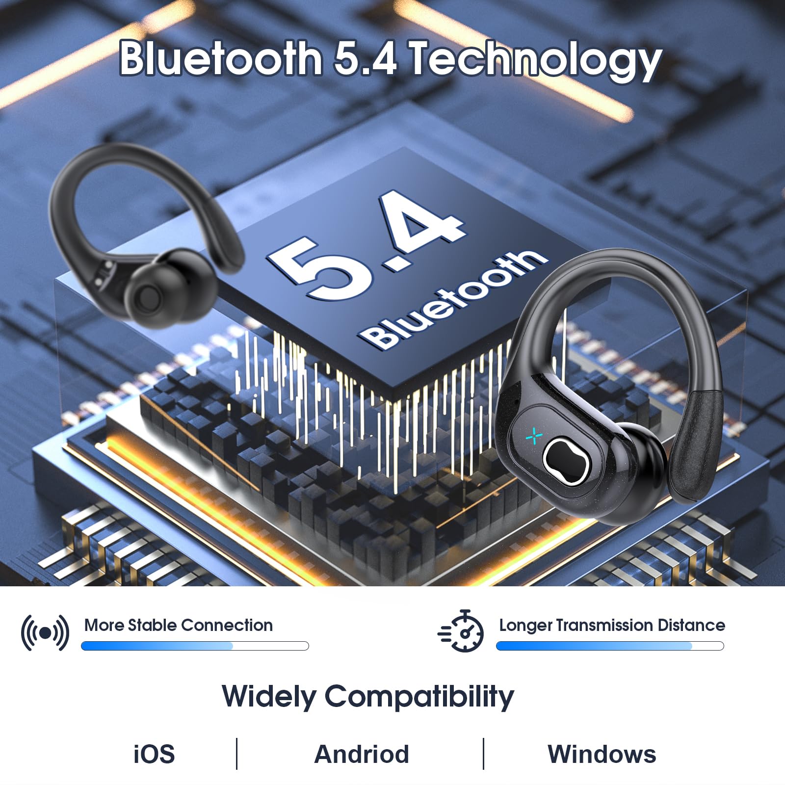 Wireless Earbuds 75hrs Bluetooth 5.4 Headphone Sport, 2026 Bluetooth Earbuds Stereo Deep Bass Over Ear Bud with Earhooks, ENC Noise Cancelling Mic, IPX7 Waterproof Earphone for Gym/Running/Workout