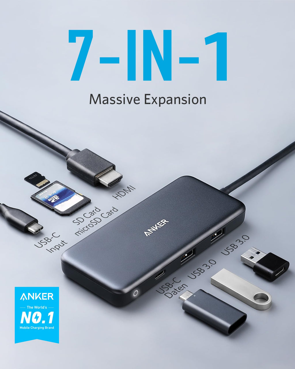 Anker USB C Hub, 7in1 Multi-Port USBC Hub with 4K HDMI, 85W PD, USB-C and 2 USB-A 5Gbps Data Ports, microSD and SD Card Reader, for MacBook Air, MacBook Pro, XPS, and More (Charger not Included)