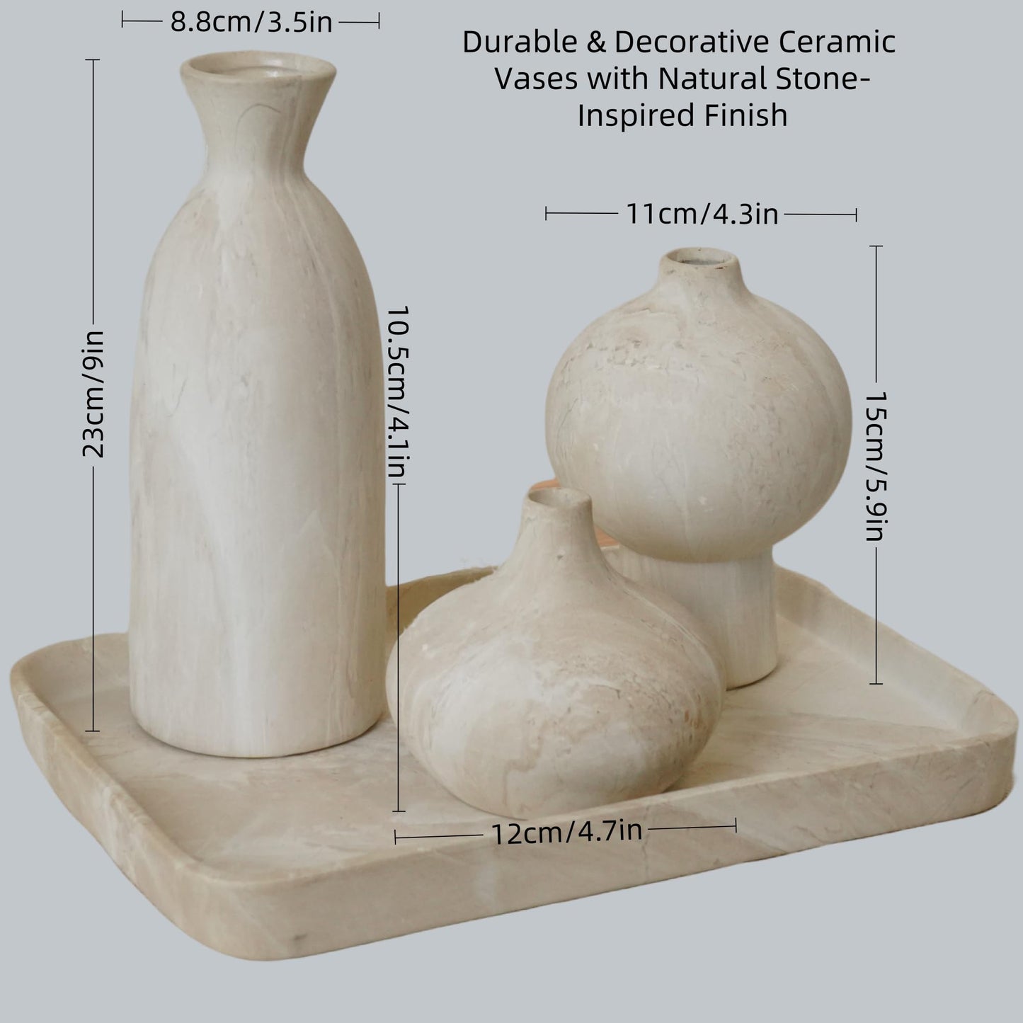 SincereLuxe Stone-Look Textured Ceramic Vases – Set of 3, Beige