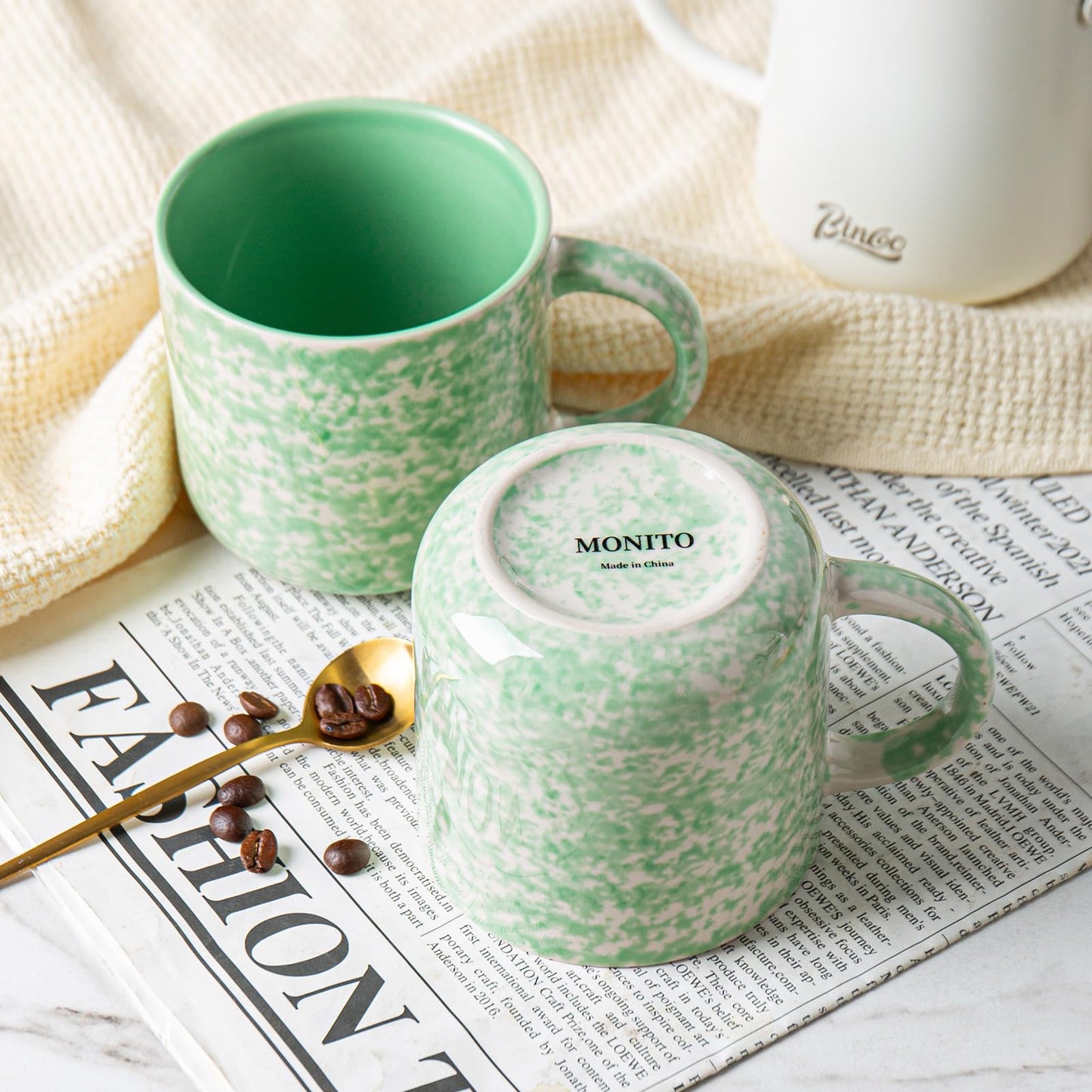 MONITO 12oz Ceramic Coffee Mugs with Handle – Set of 4, Green