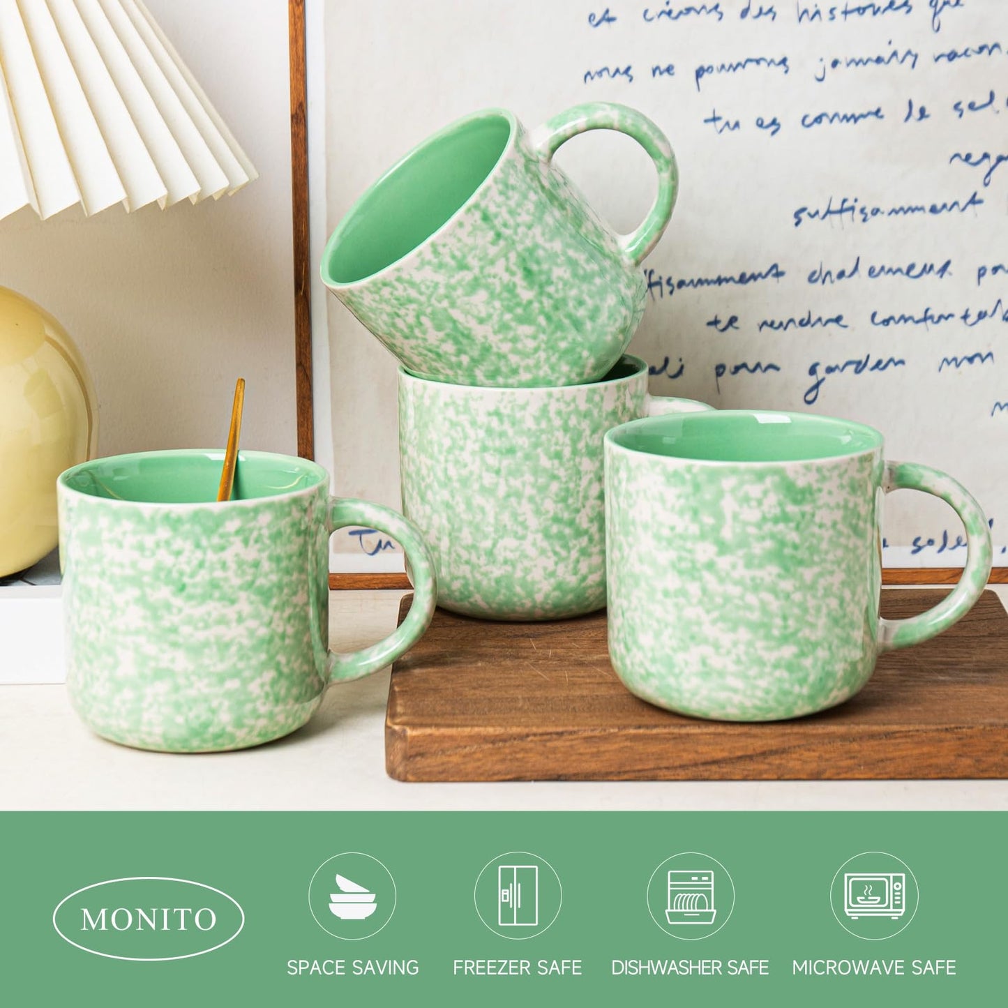 MONITO 12oz Ceramic Coffee Mugs with Handle – Set of 4, Green