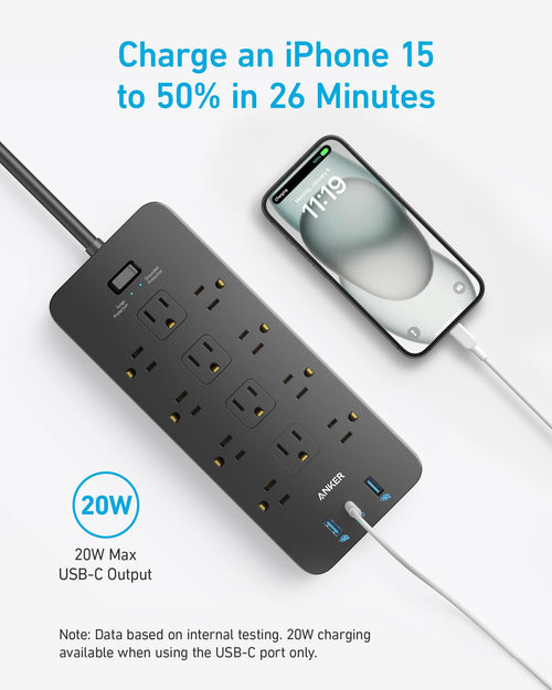 Anker Power Strip with 2100J Surge Protector, Outlet Extender, 5ft Extension Cord with Multiple Outlets, 12 AC, 2 USB A,1 USB C Port for 20W, Home Office, Dorm Room Essentials, TUV Listed