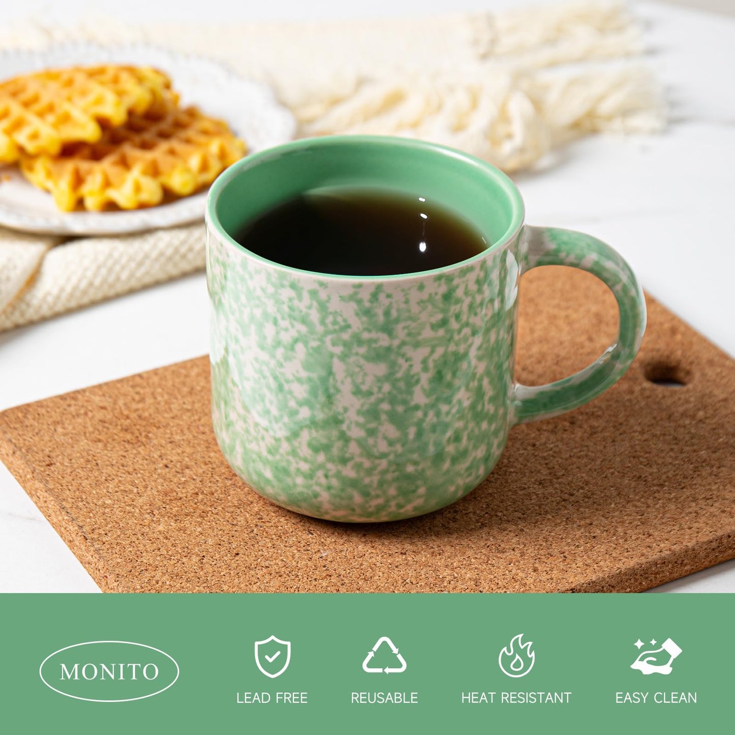 MONITO 12oz Ceramic Coffee Mugs with Handle – Set of 4, Green