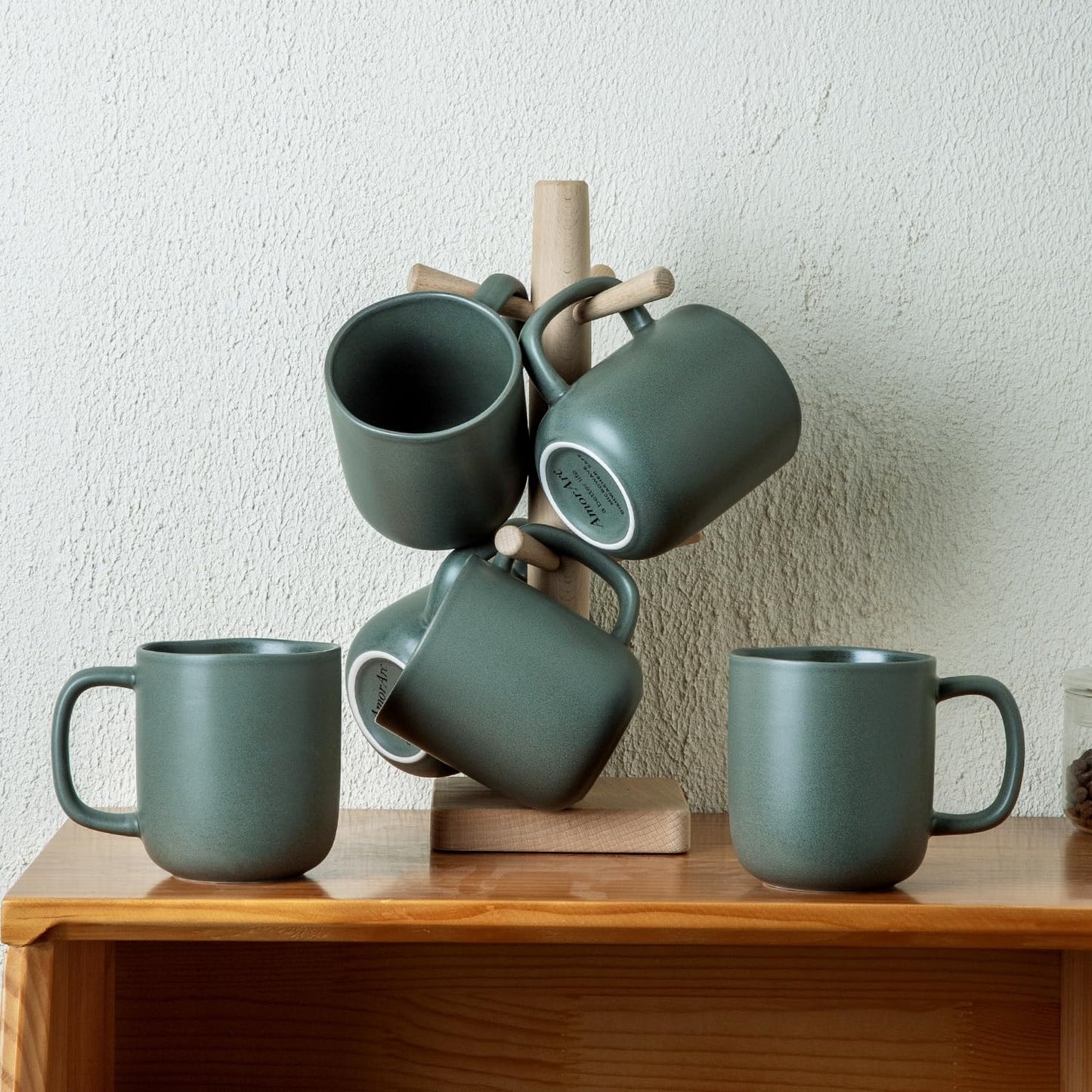 AmorArc 14oz Ceramic Coffee Mugs – Set of 6 with Wavy Rim & Large Handle