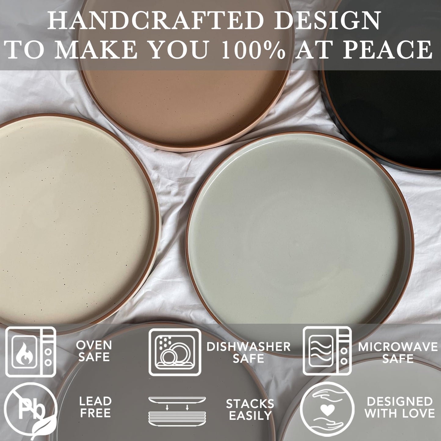 MORA 8-Inch Ceramic Flat Plates – Set of 6, Neutral Colors
