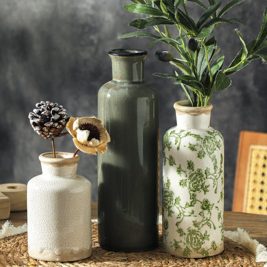 Chinoiserie Ceramic Flower Vases – Set of 3, Green & Beige