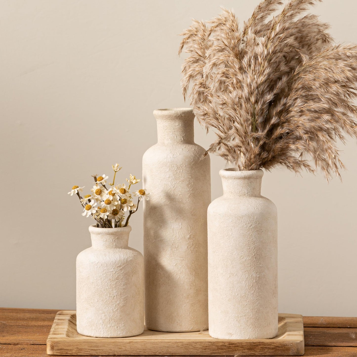 Whitewashed Neutral Ceramic Flower Vases – Set of 3