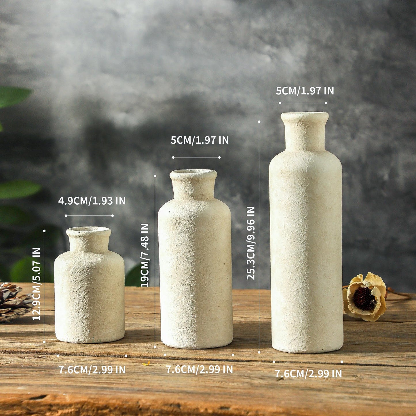 Whitewashed Neutral Ceramic Flower Vases – Set of 3