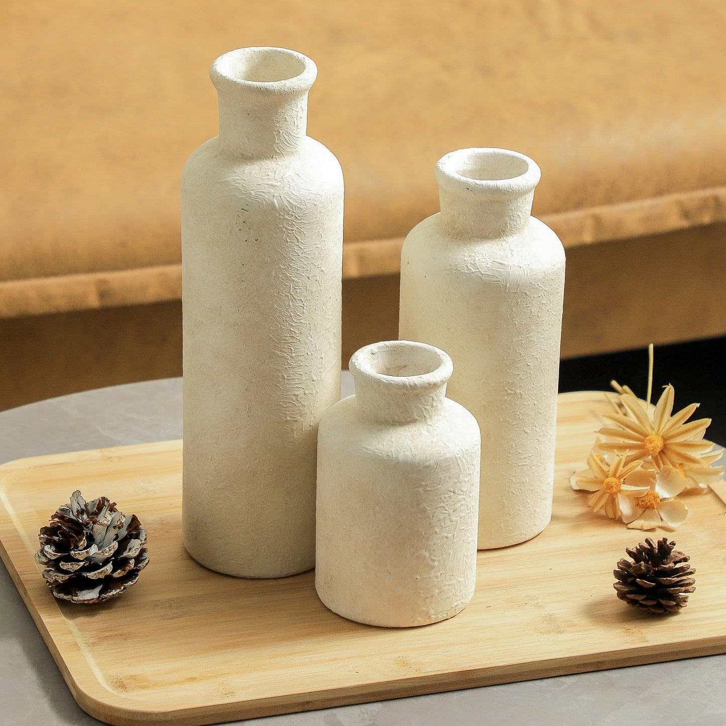 Whitewashed Neutral Ceramic Flower Vases – Set of 3