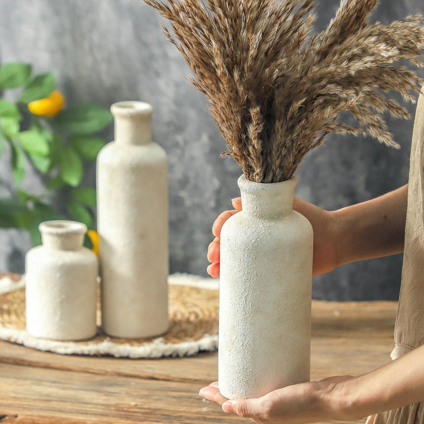 Whitewashed Neutral Ceramic Flower Vases – Set of 3