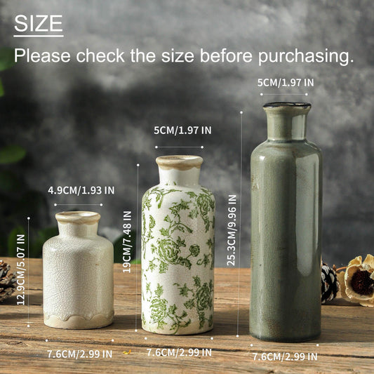 Chinoiserie Ceramic Flower Vases – Set of 3, Green & Beige
