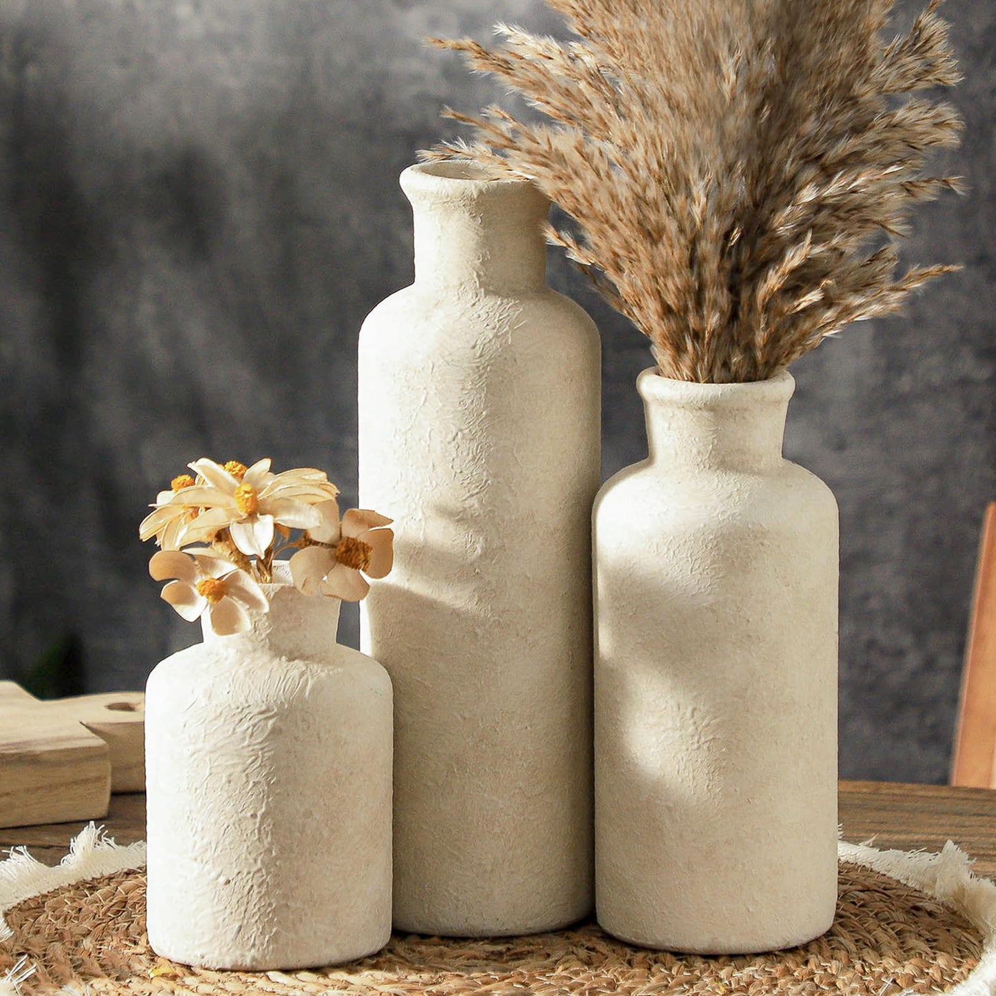 Whitewashed Neutral Ceramic Flower Vases – Set of 3