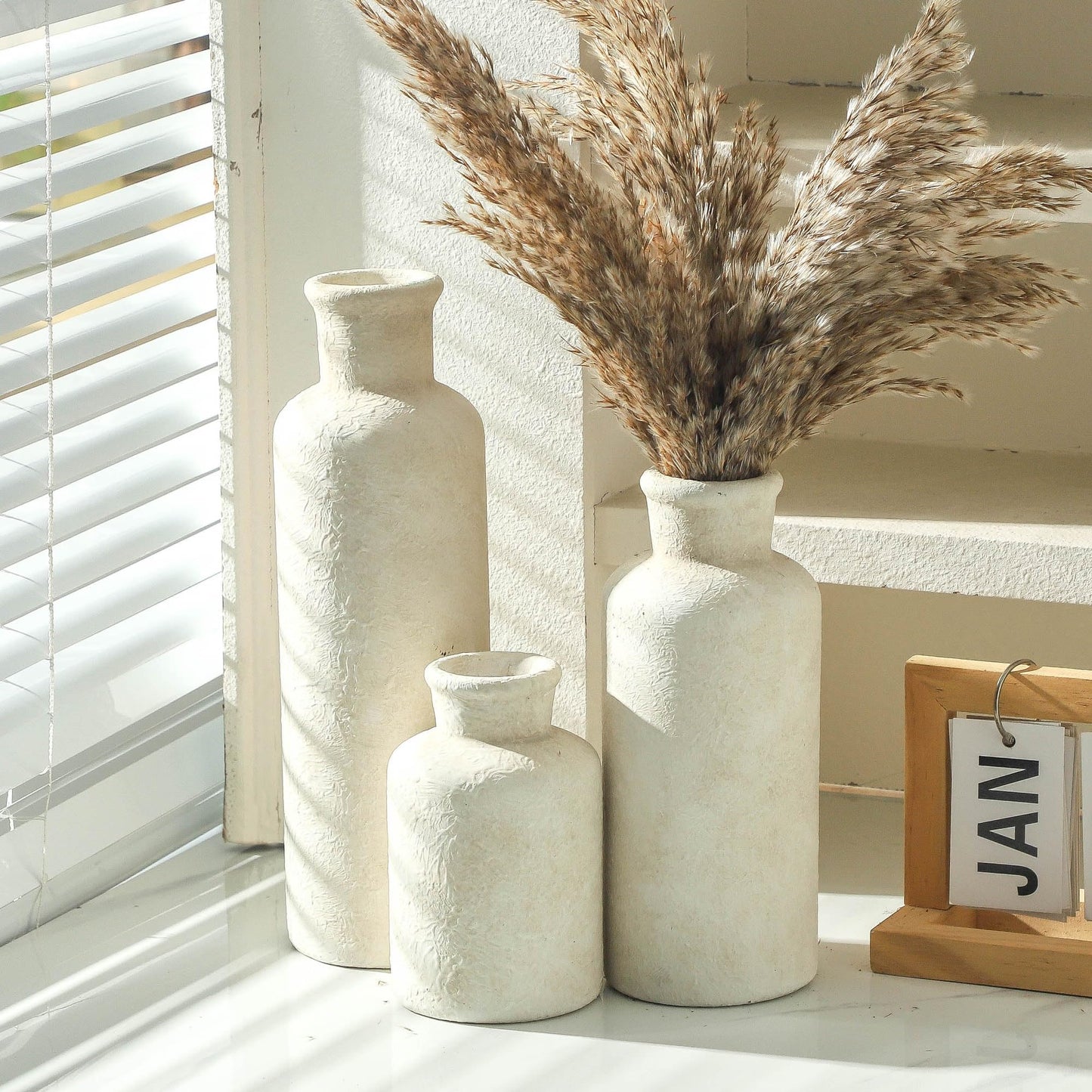 Whitewashed Neutral Ceramic Flower Vases – Set of 3